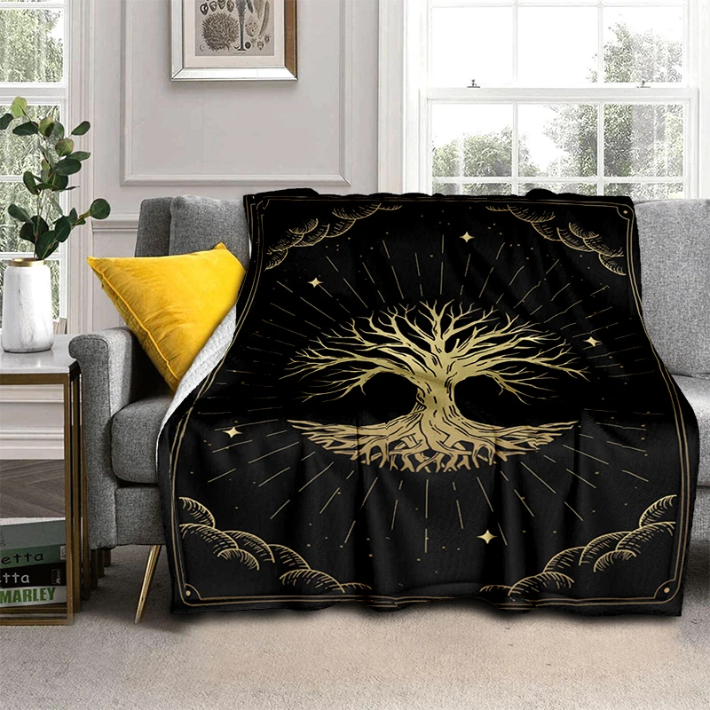 Druidic Yggdrasil Tree Blanket, At Night Round Silhouette Black and Blue Logo Gothic Ancient Warm Soft Flannel Throw Blankets