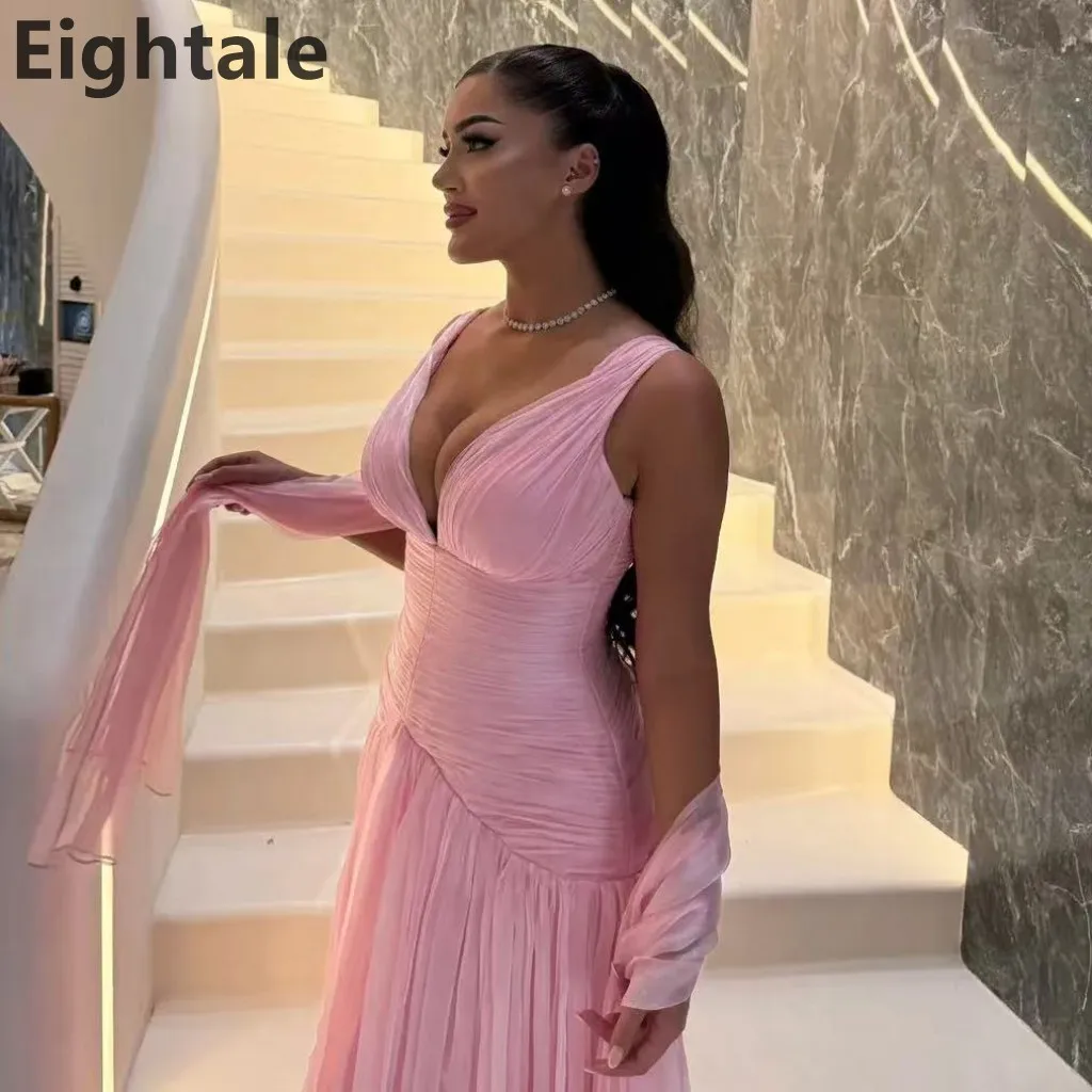 

Eightale 2025 Pink A Line Sexy V Neck Silk Satin Pleated Evening Dress Saudi Arabic Prom Dress Dubai Party Gown Customized