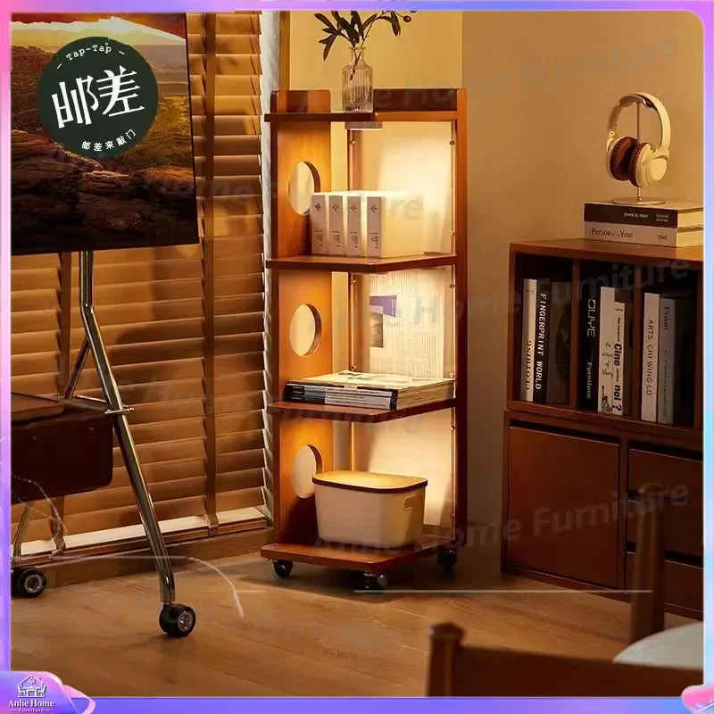 Mobile Bookshelf on Wheels Rolling Corner Shelf Floor Standing Storage Rack Mid Century Modern Bedside Nightstand Trolley