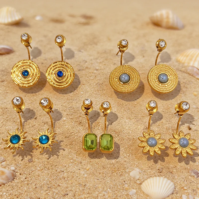 Fashion Stainless Steel Natural Stone Party Earrings Vintage 18K Gold Plated Ethnic Earrings Jewelry for Women