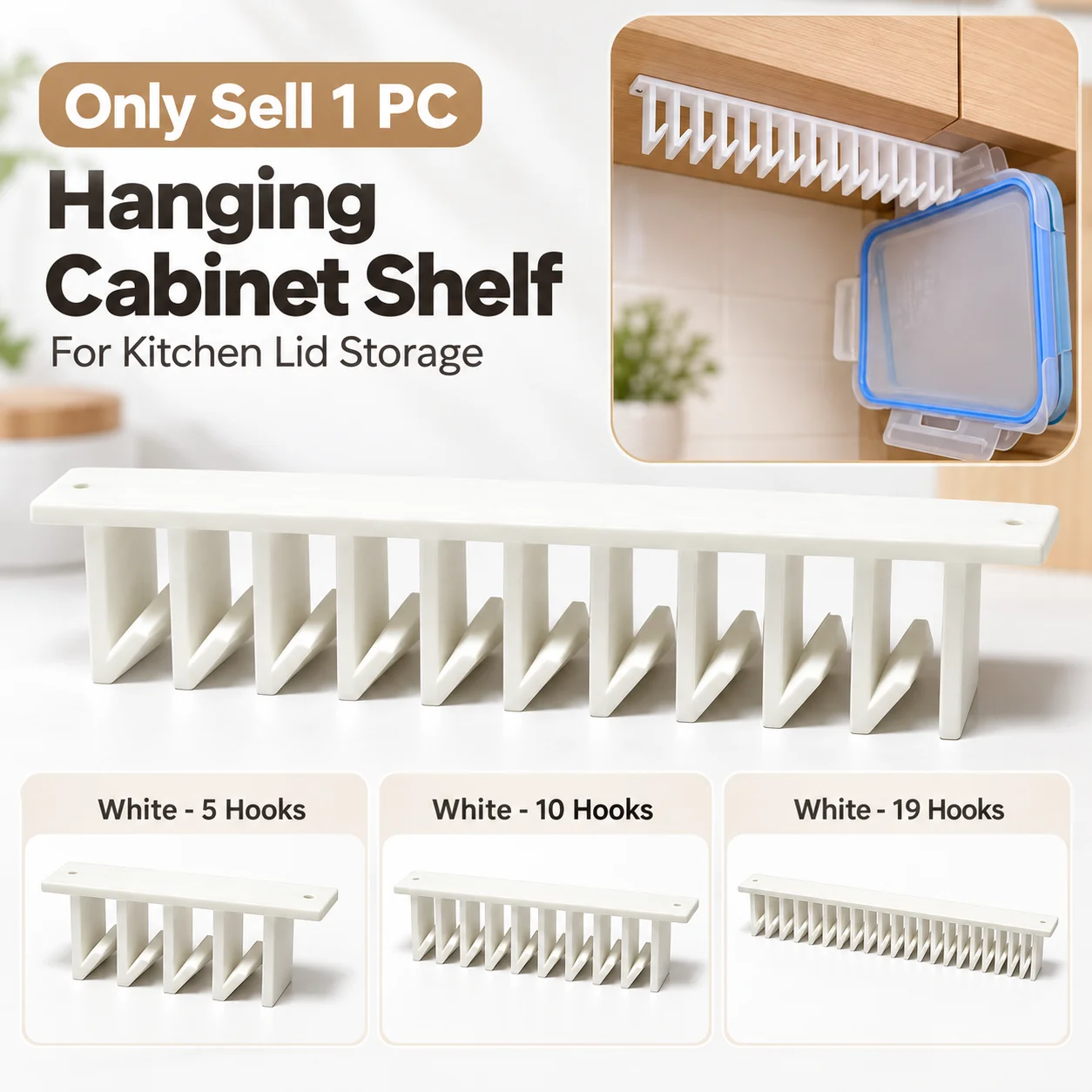 1Pc Hanging Cabinet Shelf, Minimalist White Plastic, Space Saving, Holds Multiple Container Lids, For Home Kitchen Storage