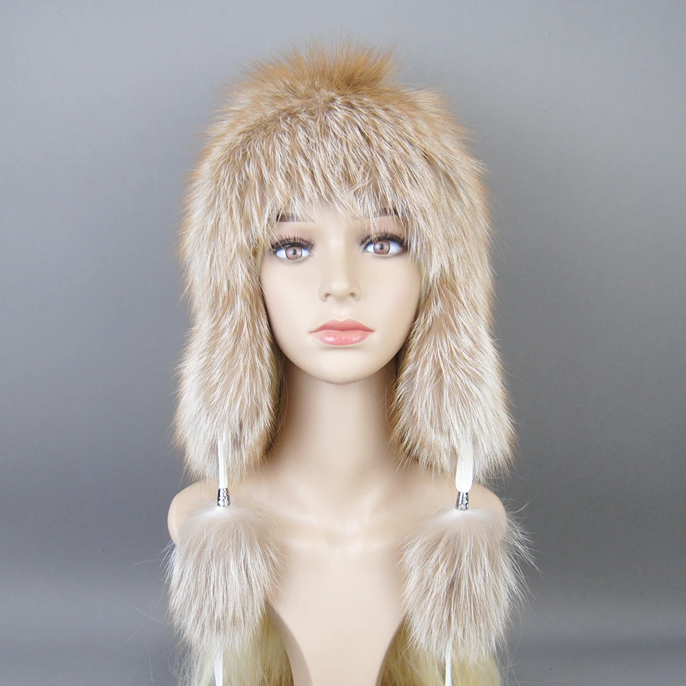 Luxury Women Natural Fox Fur Hat Real Fur Beanies Cap Knitted Hats Russian Brand Fashion Winter Warm Lady Cap Silver Fox Fur Hat