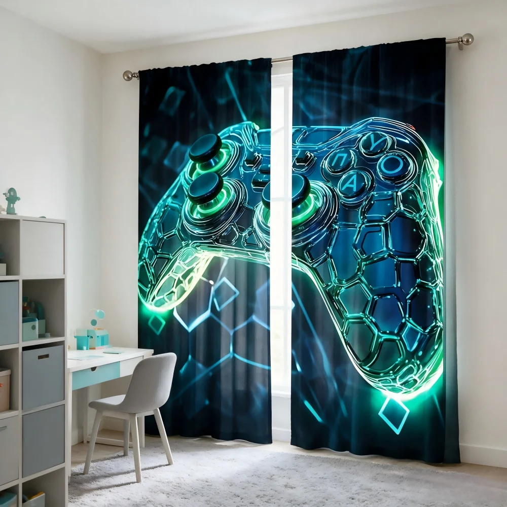 2PCS Digital Printed Curtain, Neon Green Game Controller Pattern, Gaming E-Sports Style Window Drapes for Boys Bedroom Game Room