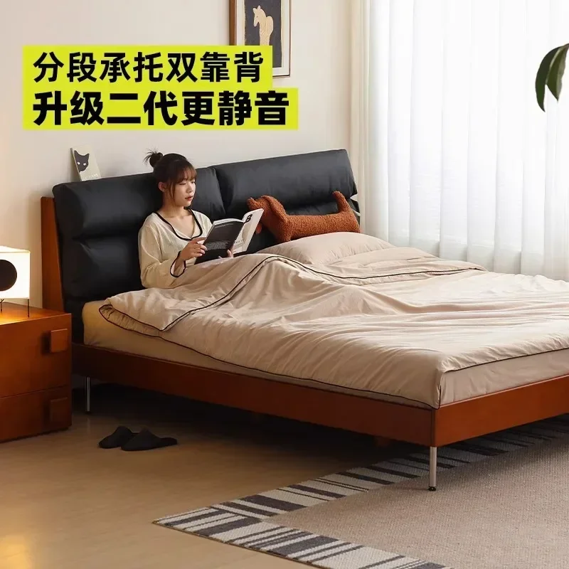 Nordic retro solid wood soft bag bed 1.5m small apartment 1.8m master bedroom technology leather double bed
