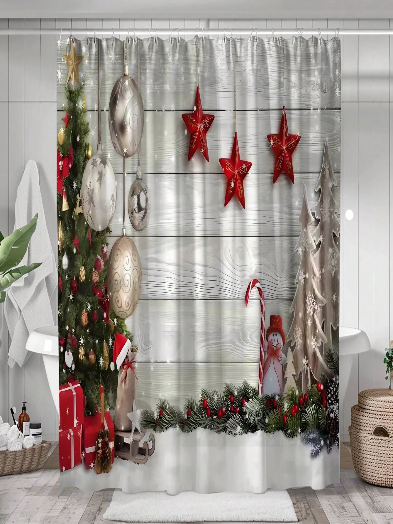 1 Pack Christmas Star Pattern Polyester Material Shower Curtain Tarpaulin Bathroom Thickeneded Mildew-proof Partition Curtain Bathroom