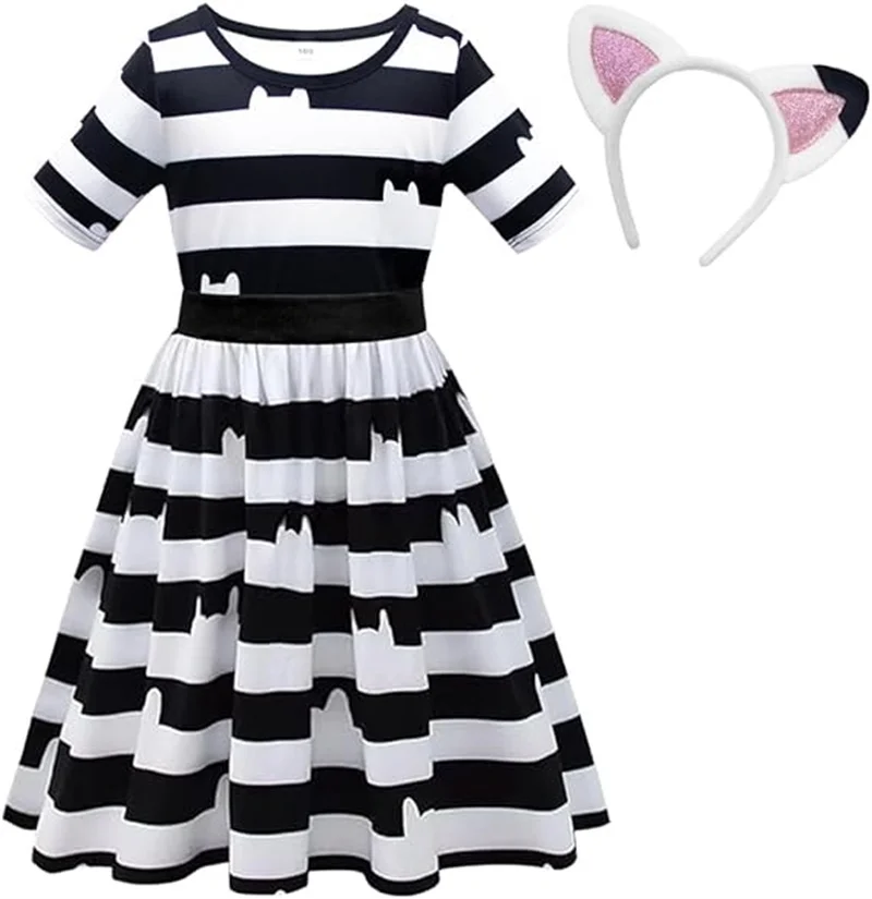 black and white striped dress costume Beetlejuice Costume Black and White Vertical Stripe Swing Dress With Tie, Black / L main image 0
