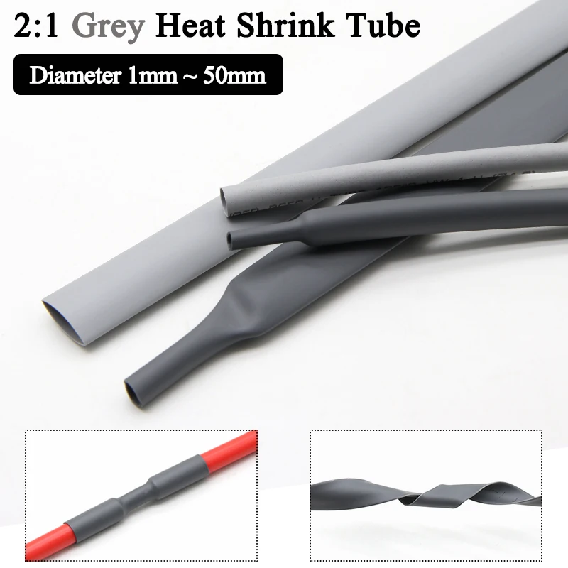 

1~10M 2:1 Grey Heat Shrink Tube Dia 1mm ~ 50mm Heat -shrink Tubing Wire Repair Protector Cable Connector Insulation Sleeving