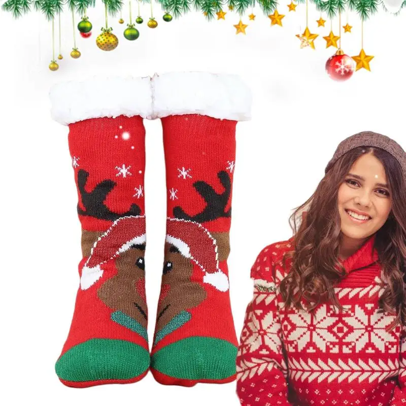 Calcetines navideños Sherpa peluda, calcetines gruesos, zapatillas, calcetines antideslizantes para dormir, accesorios cálidos para clima frío para vacaciones de cumpleaños