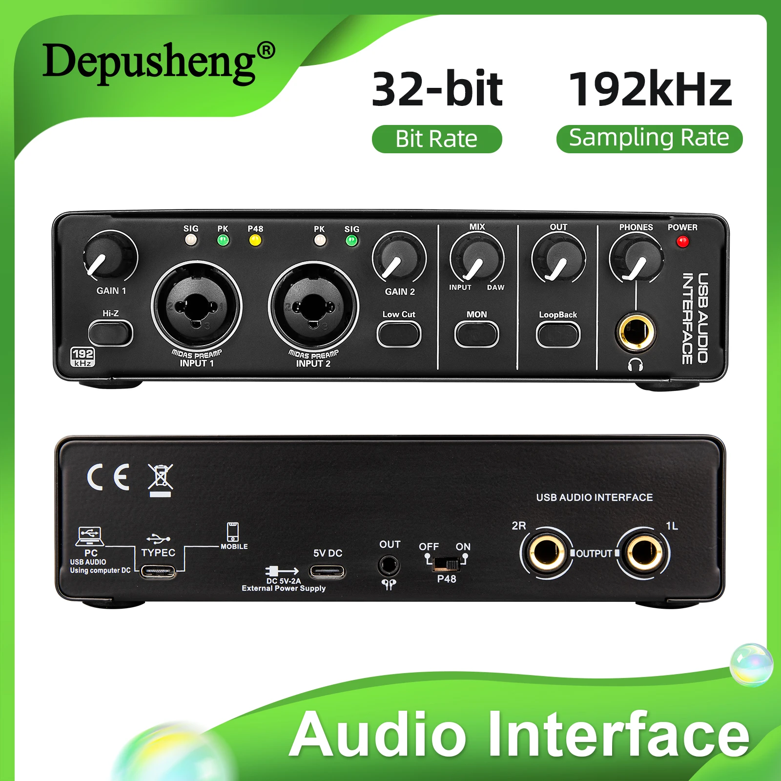 Depusheng MD32 Audio-Interface Computer-Aufnahmegerät, Heimstudio-Audio-Interface, Kompatibel mit 48V Kondensatormikrofon