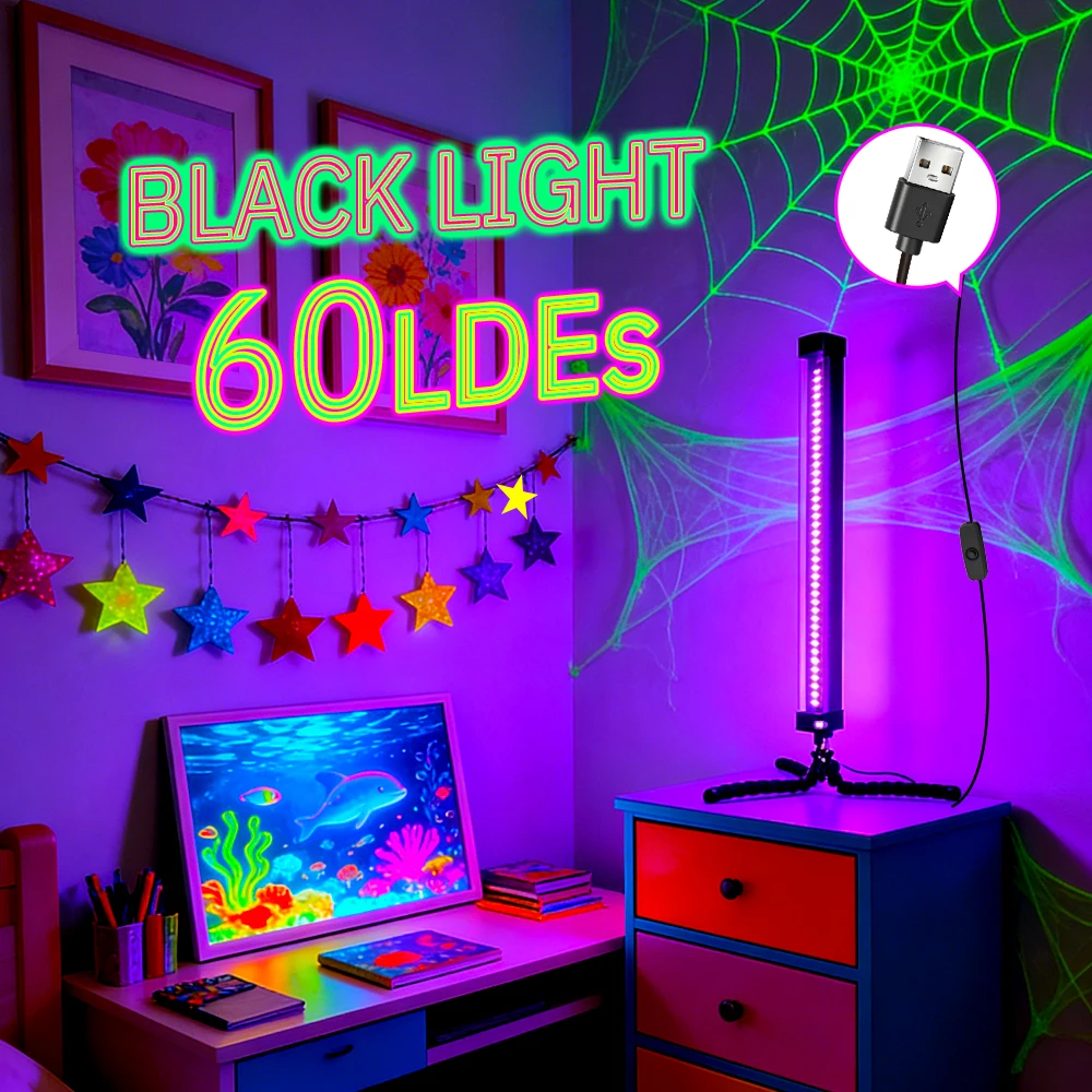 60LED Black Light Bar with Tripod, USB 5V Portable Lamp for Glow Party, Valentine's Day, Wedding, Room Decor, Poster Display