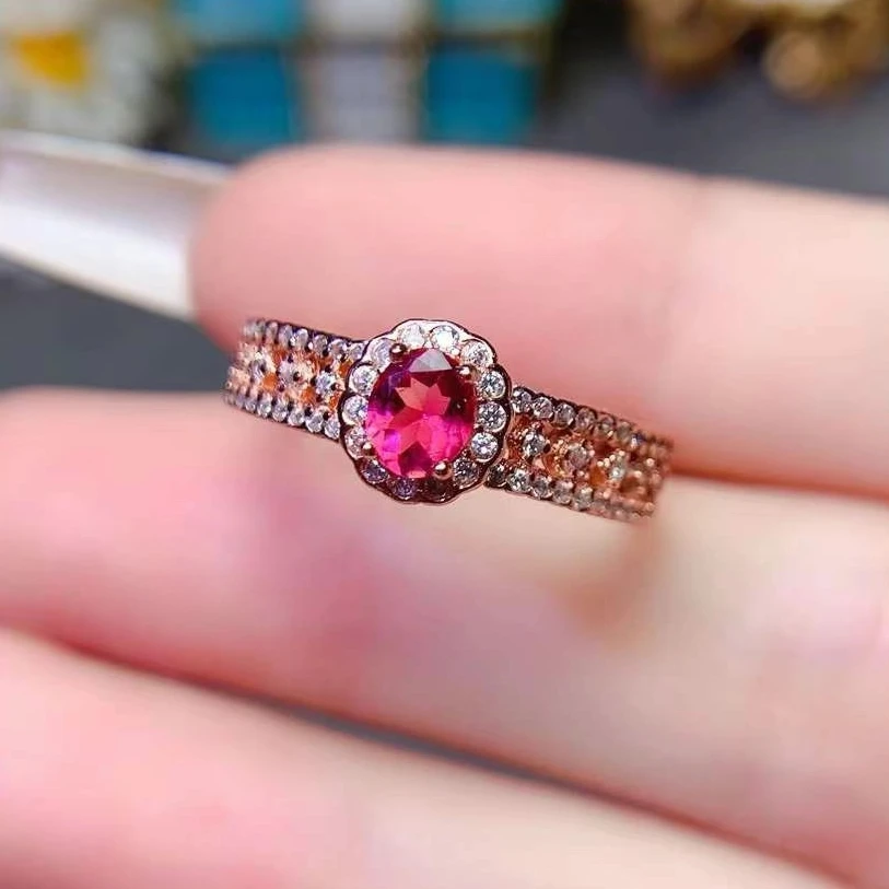 Solid 925 Silver Pink Tourmaline Ring 4mm*5mm 0.4ct Natural Tourmaline Ring with 3 Layers 18K Gold Plated