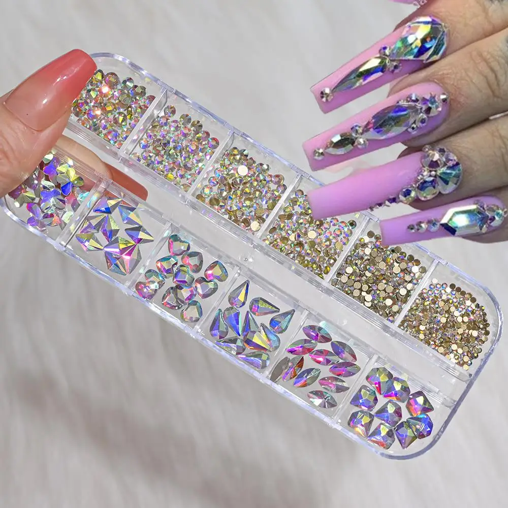 12 Siatek 3D Złote Cyrkonie do Paznokci Mieszane Kształty Okrągłe Serce Kropla Kwadrat Szklane Diamenty Ozdoby do Paznokci DIY Akcesoria do Manicure