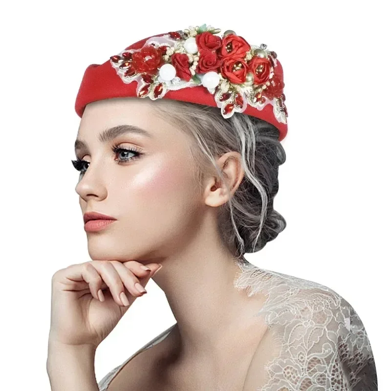 

Luxury Flower Church Beret Hats for Women Air Stewardess Hat Wool Felt Costume Cosplay Caps Accessories African Headtie