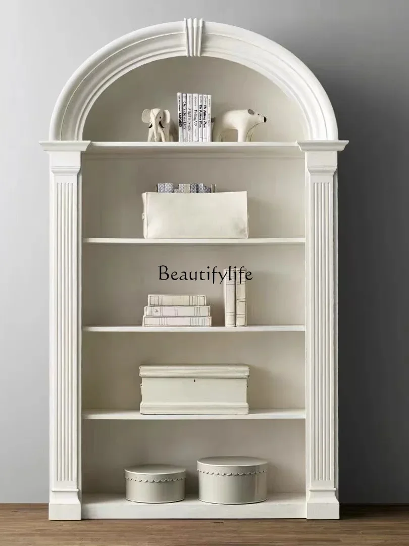

02 American Style Solid Wood Semi-Circular Arch Bookcase french Vintage White Bookshelf Decorative Cabinet