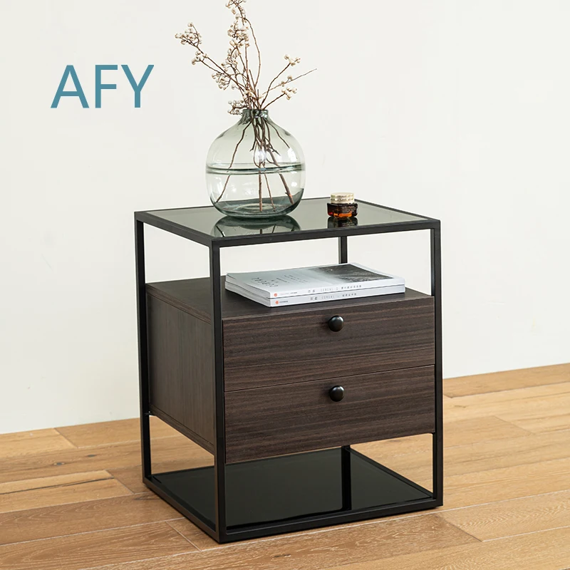 Italian Minimalist Bedside Table for Nordic Style Bedroom Wrought Iron Cabinet Modern Light Luxury Solid Wood Drawer