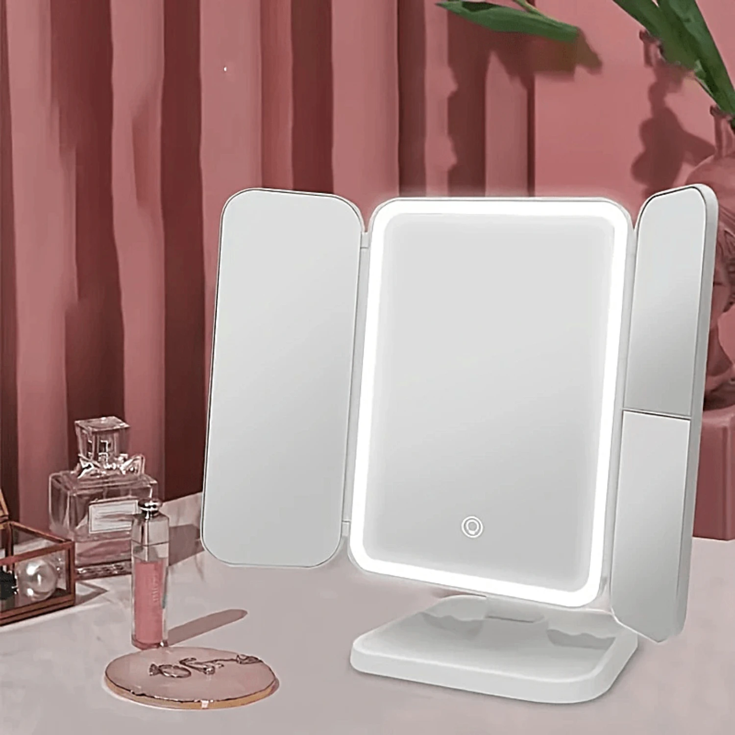 

USB Rechargeable LED Trifold Beauty Makeup Mirror With Stand - 3 Colors Lights - Great Gift For Women and Girls - Portable and A