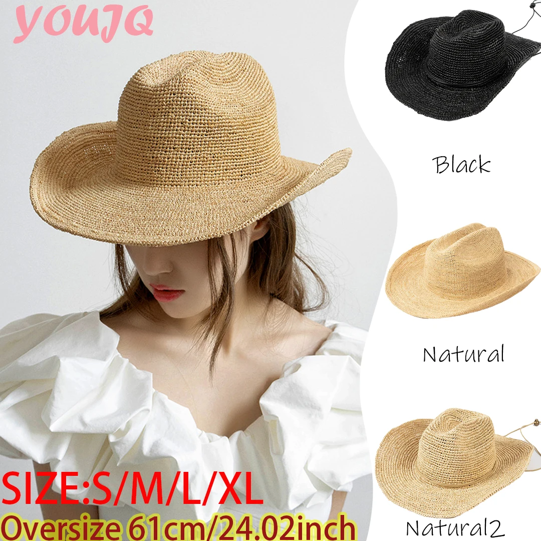 

Вязаные вручную ковбойские шляпы из натуральной рафии S/M/L/XL для женщин и мужчин, летние солнцезащитные шляпы с широкими полями, дышащие пляжные кепки для активного отдыха