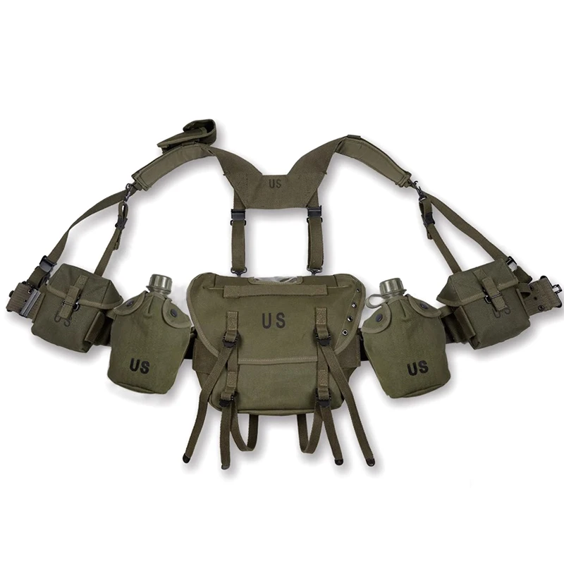 WWII Tactical Belt Set with M1956H Suspenders 1961 Shoulder Bag M14 Magazine Pouch Belt First Aid Kit Canvas Water Bottle Holder