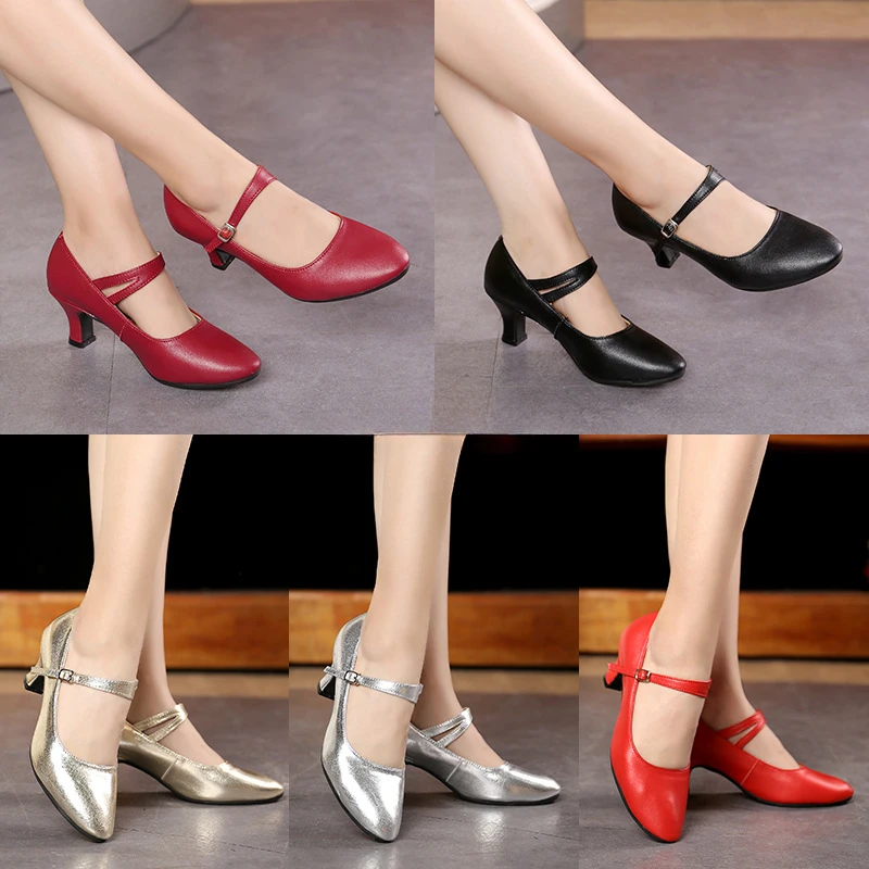 

Ladies Sports Wide Full Rubber Sole Latin Dance Shoes Women Adults Mid-high Heels Soft Bottom Square Leather Dance Shoes Red