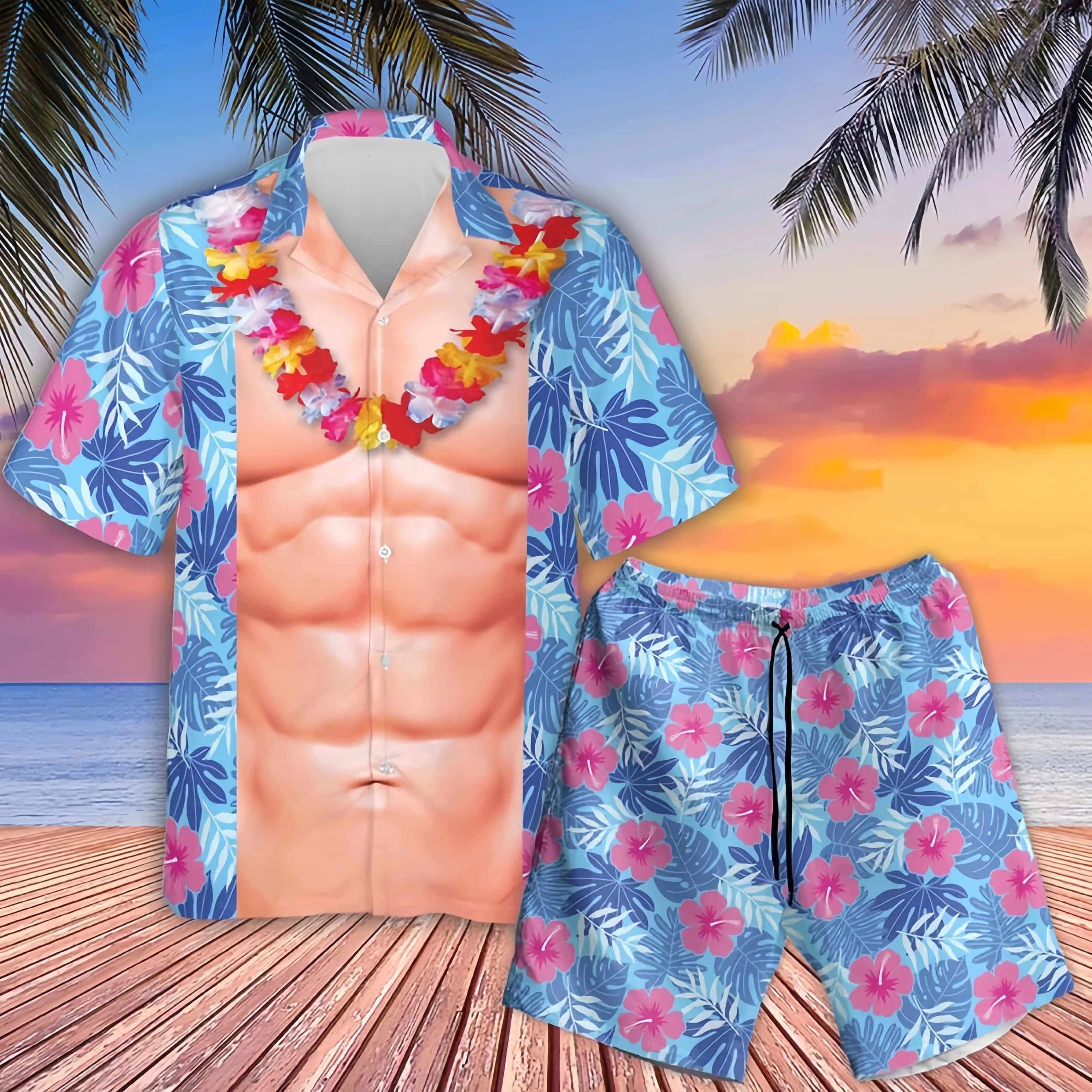 Shorts et chemise hawaïenne à imprimé amusant effet six-pack, pour homme et femme