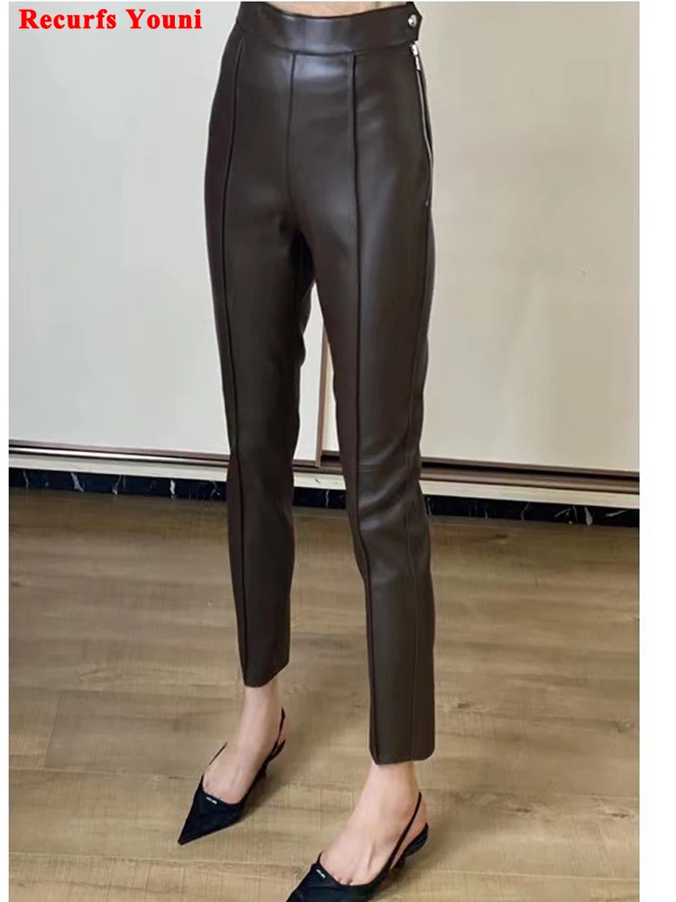 

Leather Pencil Pants For Women 2024 Spring Winter European Chic Side Zipper Lambskin Trousers Slim Fit Tight Thin Calca Feminina