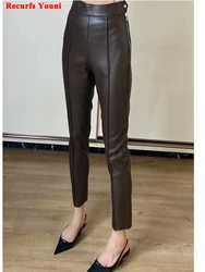 Leather Pencil Pants For Women 2024 Spring Winter European Chic Side Zipper Lambskin Trousers Slim Fit Tight Thin Calca Feminina