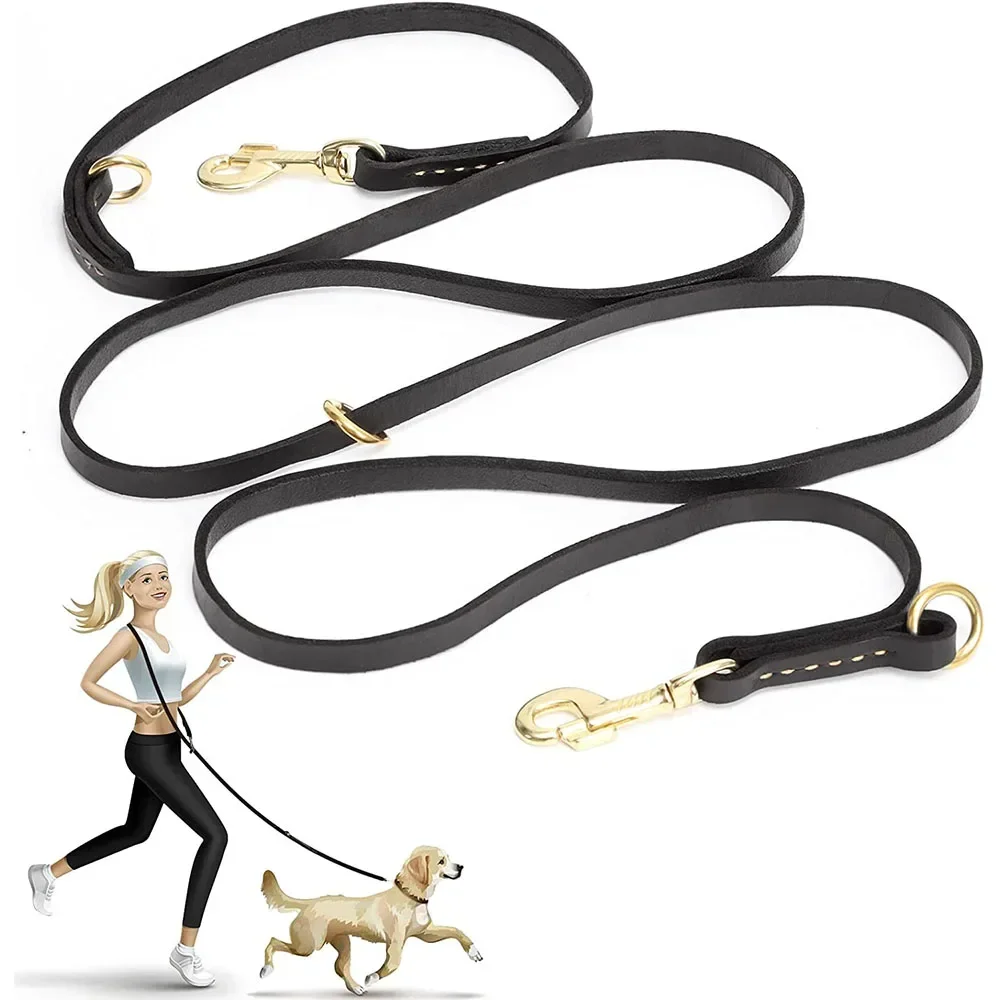 Genuine Leather Hands Free Adjustable Service Dog Leash Strong Multi Function Cross Body Leash for Dogs 7 Uses in One Pet Lead