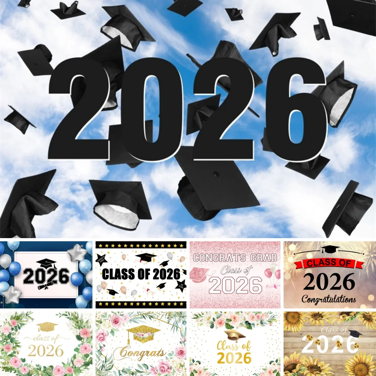 

Фон для фотосессии выпускников 2026 года: шапка выпускника, воздушные шары, цветы, декор для выпускного бала и вечеринки