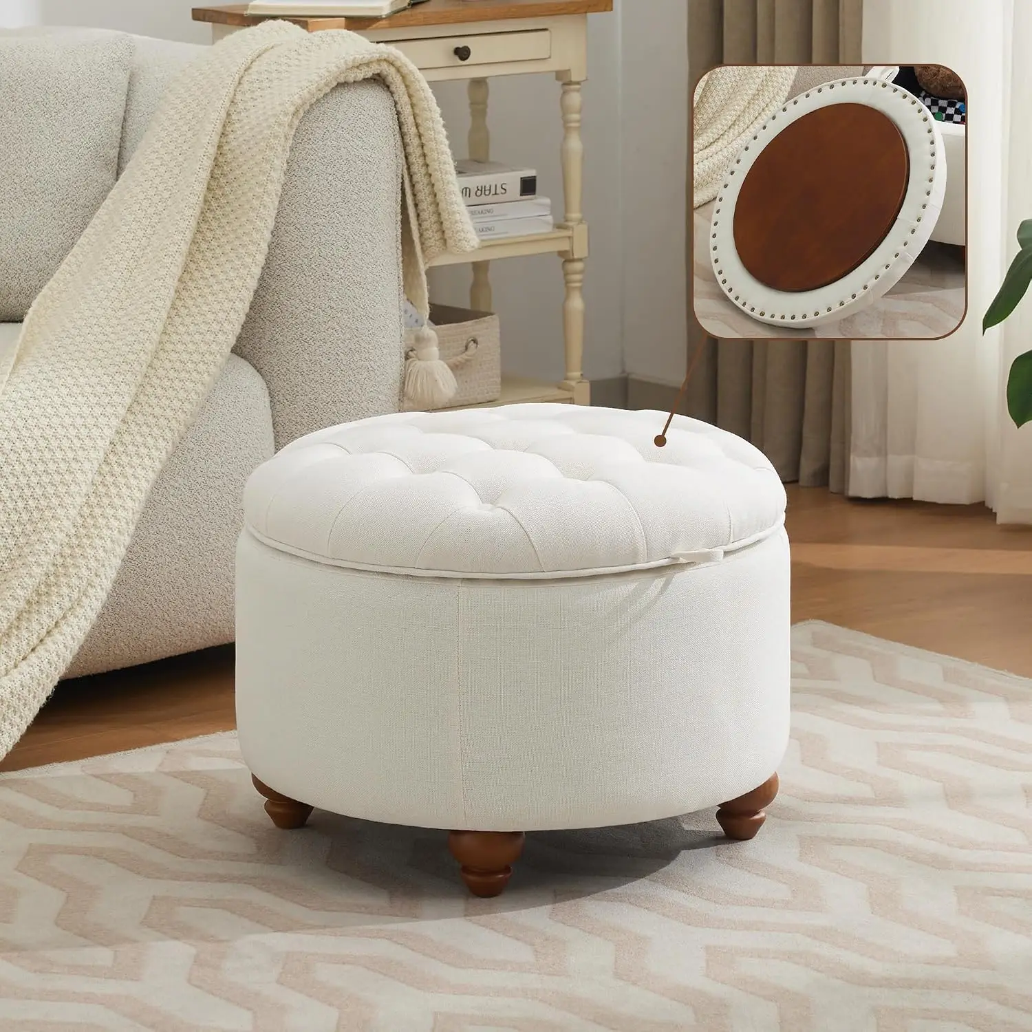 24Inch Round Storage Ottoman Tray Tufted Fabric Coffee Table Storage Removable Top Living Room Bedroom, Customized
