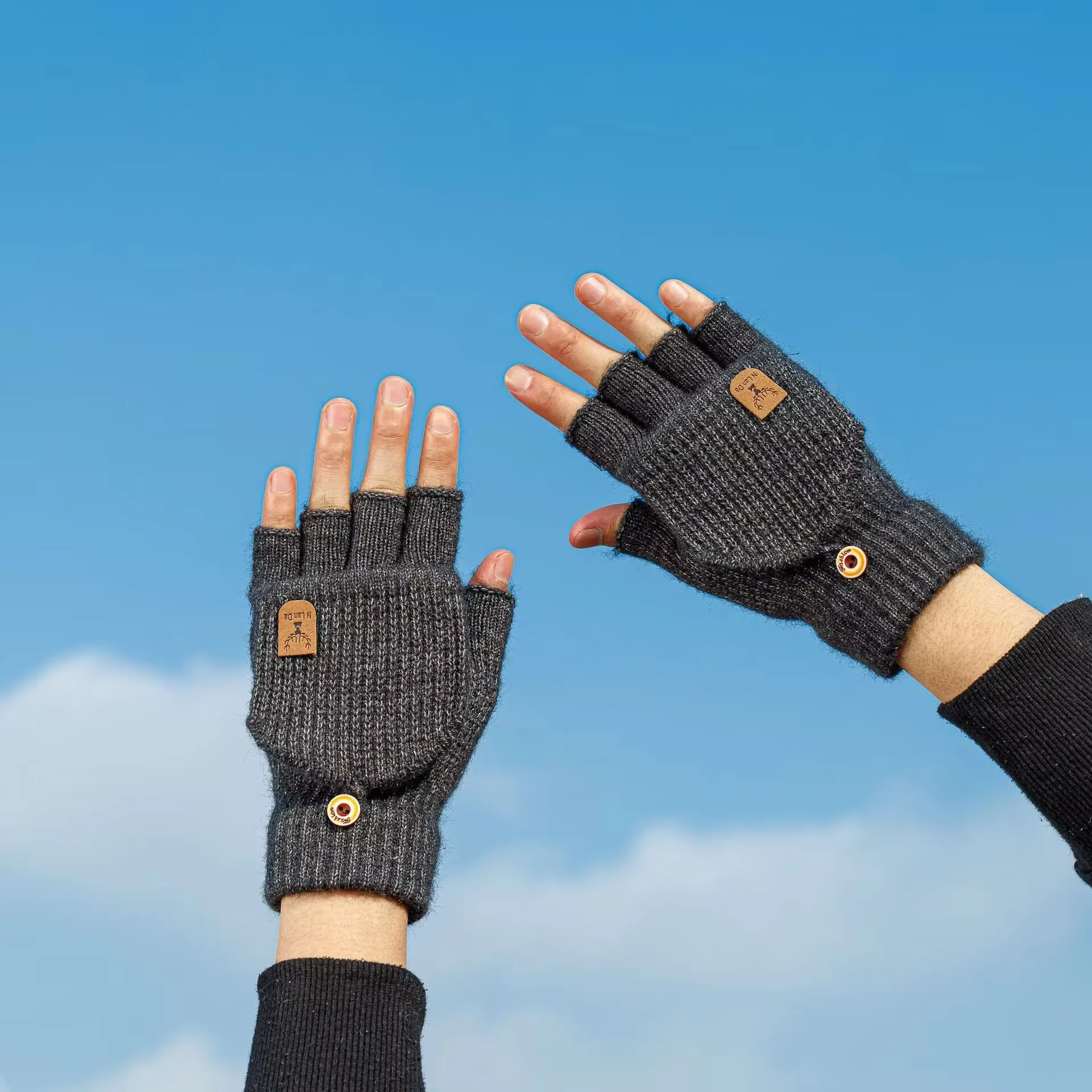 Luvas quentes e resistentes ao frio, tricotadas para ciclismo no inverno, capa flip com dedos divididos para homens e mulheres, proteção de pelúcia grossa