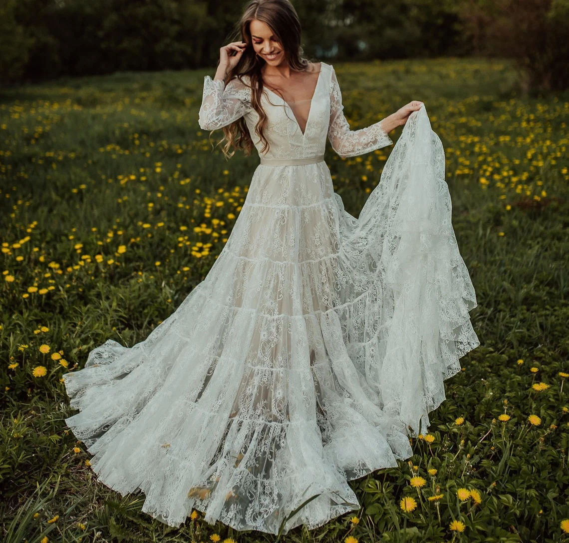 Vestido de novia de encaje con escote en V profundo, traje de novia con mangas de ilusión y lazo, sin espalda, personalizado, 11486