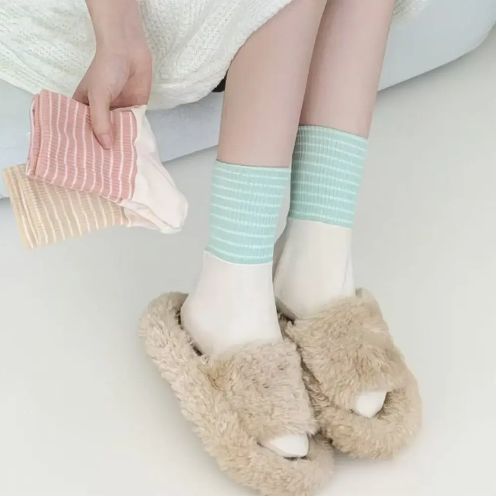 

4Pairs Patchwork Air Conditioning Sleep Socks Anti-slip Breathable Cartoon Stripe Socks Female Hosiery Thicken Middle Tube Socks
