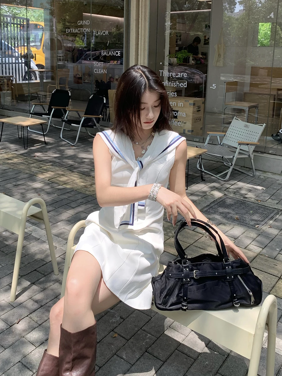 

Летний новый белый женский приталенный жилет Joeyoo с юбкой А-силуэта с высокой талией и невидимой молнией в корейском стиле