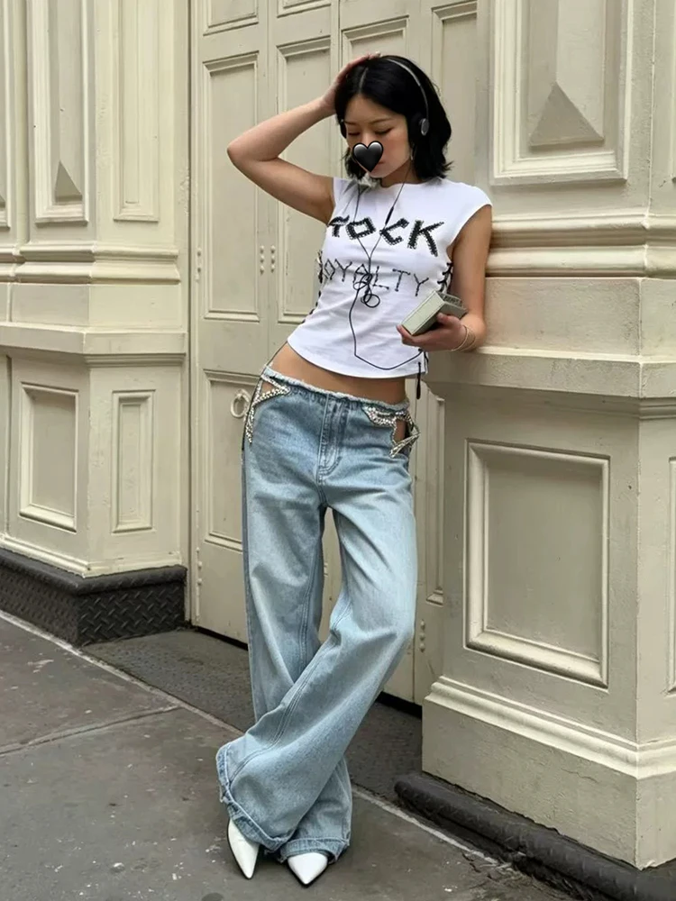 REDDACHiC Cut-out Star Women's Jeans Hotties Shiny Diamond Low Waist Straight Raw Hem Tall Girl Trousers Trendy ICON Streetwear