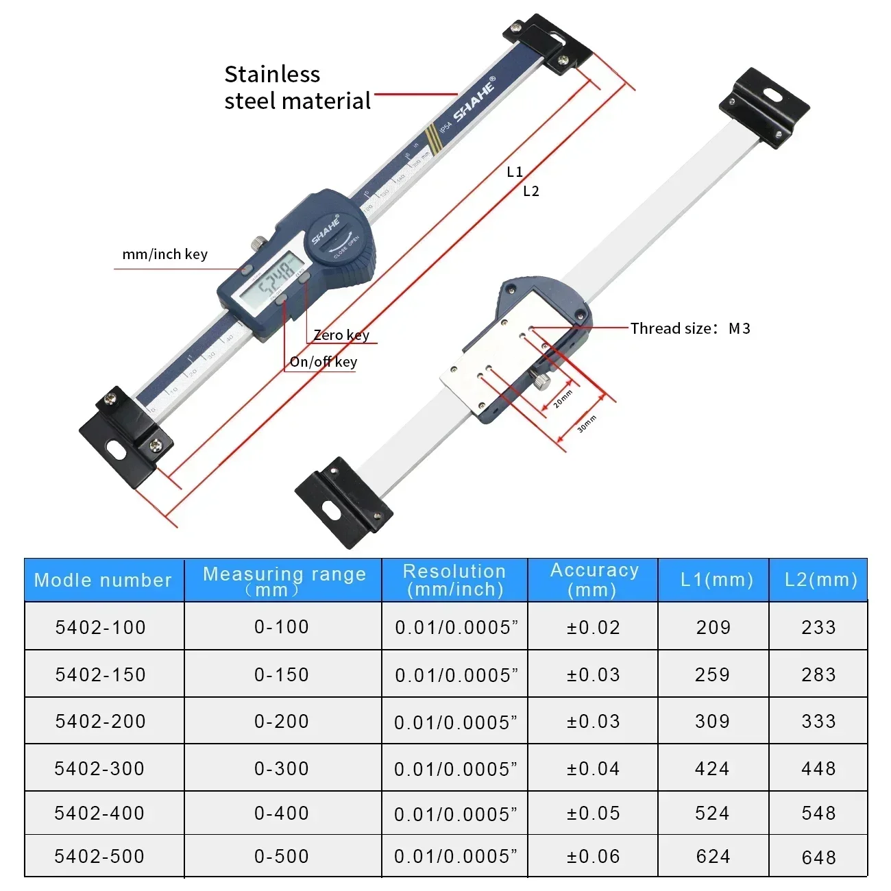 SHAHE 0-100/150/200/300mm High Accuracy Horizontal Scale Type Digital Caliper Level Stainless Steel Horizontal Caliper
