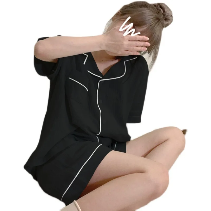 Pigiama da donna Set estate nero pigiameria Casual Homewear Button Down top e pantaloncini pigiama da notte Loungewear