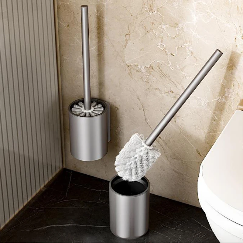 Bathroom Toilet Brush Holder Cleaning Tools Space Aluminum Wall Mounted No Drill Durable Vertical Toilet Brush Black Accessories