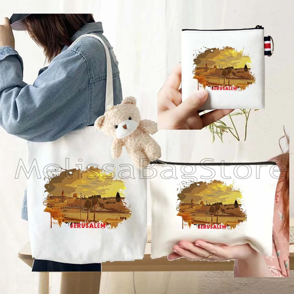 4PCS Gifts Set Jerusalem White Canvas Tote Bag Handbag with Doll Key Coin Purse Cosmetic Makeup Toilet Bag Case Pouch