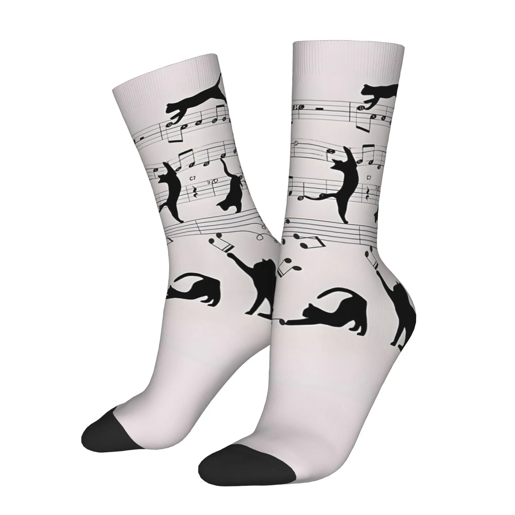 1pc Cat Playing Clef Notes Piano Music Musical Cats Printed Men's Socks  Novelty Hip Hop Harajuku Pattern Crew Sock Casual Gift