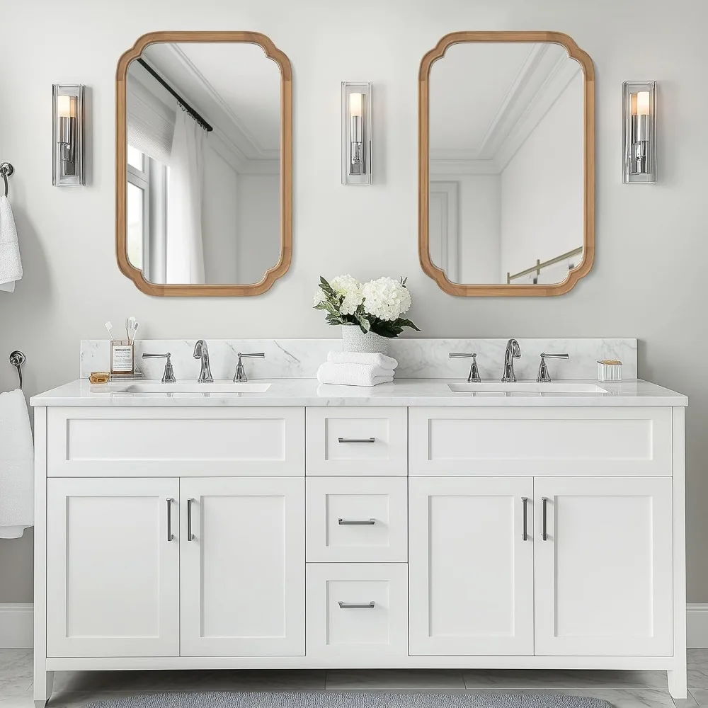 Rechthoekige spiegel met volledige geschulpte hoeken en houten frame voor entree, woonkamer, slaapkamer - wanddecoratie huisaccent