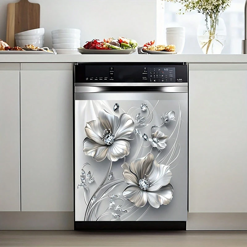 A Silver Flower Dishwasher Self-adhesive Label Made Of PVC Material Suitable For Glass Decoration Of Kitchen Dishwashers