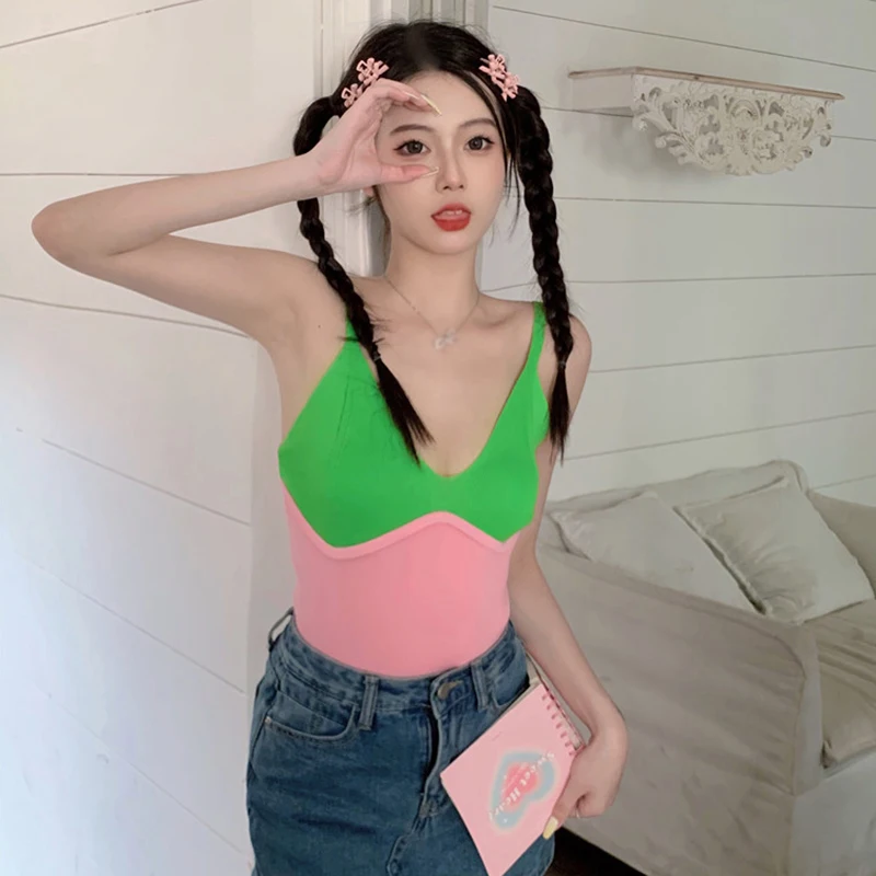  Women Crop Tops Summer V-neck Slim Knit Vest Slings Sleeveless Color-blocked Camisole Sexy Elegant Streetwear Ladies Vests