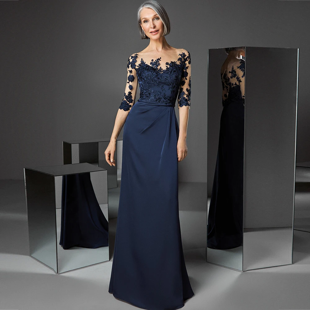 Robes de mère de la mariée bleu marine pour mariage, longue robe de soirée de mariage, ligne A, satin, robe d'invité de mariage pour femmes