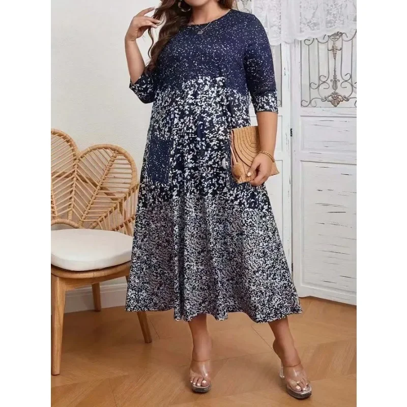 حجم كبير 1XL-5XL جديد المرأة الصيف موضة البولكا نقطة الطباعة مع جيب فستان كاجوال 3/4 كم