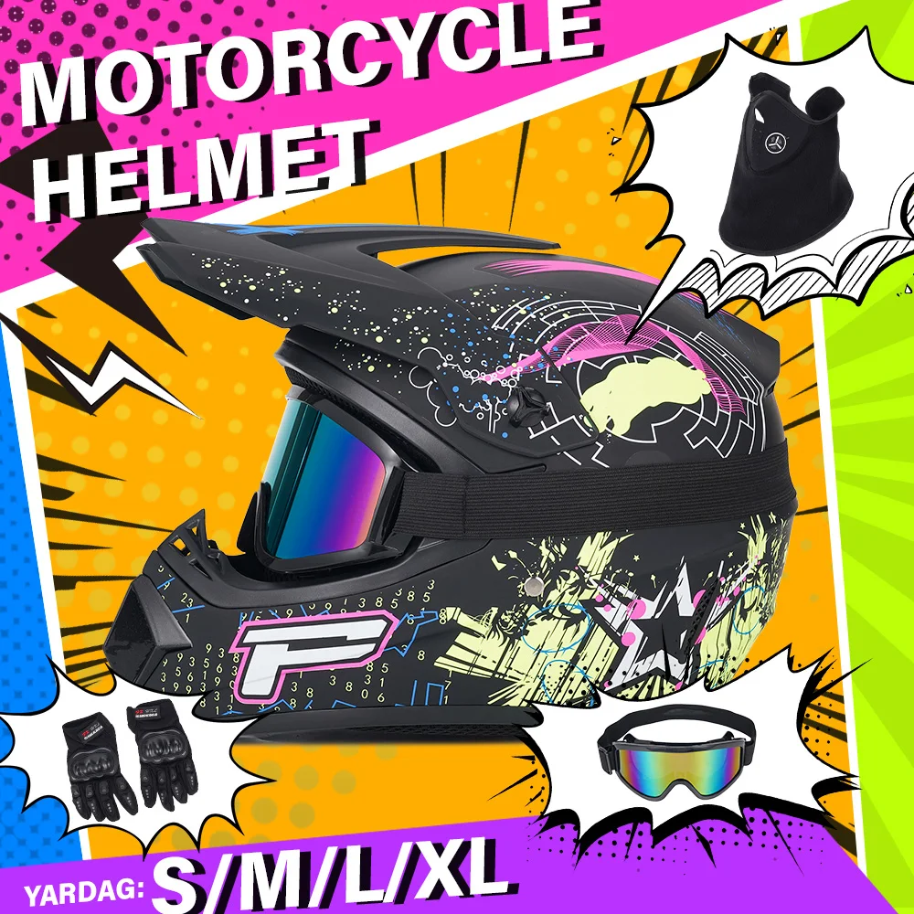 

Сертифицированный DOT внедорожный шлем размера L/XL с очками, перчатками, набор масок для лица для взрослых, квадроциклов, UTV, велосипедом для грязи, мотокросса