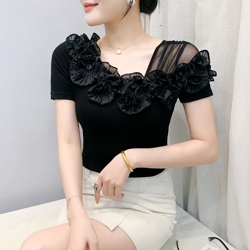 2025 Summer Cotton T-shirts Chic Asymmetric Neckline Off-Shoulder Ruffle Trim Slim Fit Tee Exclusive Boutique Women's Casual Top