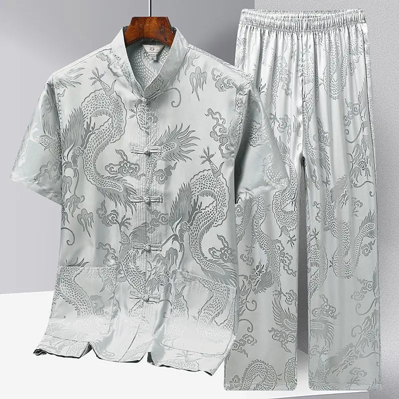 

Summer Men's Tang Style Ice Silk Suit Stand Collar Short Sleeved Shirt And Pants Two Piece Sets Male Chinese Style Suit