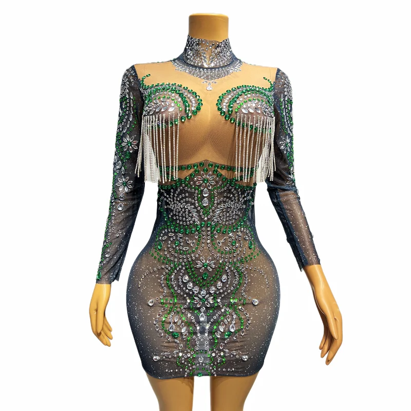 

Green Rhinestones Transparent Crystals Chains Dress Women Dance Show Evening Mesh Costume Prom Party Birthday Dresses feicui