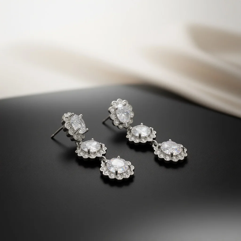 Three‑Tier Floral Halo Zircon Long Dangle Earrings Gradient Round Stone Flower Frame Silver‑Tone Women Elegant Banquet Fashion