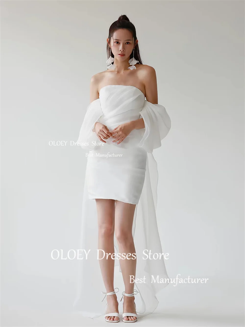 OLOEY Simple Ivory Mini Wedding Dresses Korea Japen Photoshoot Strapless Bridal Gowns Ribbon Bows Pleated Tulle Vestido De Noiva